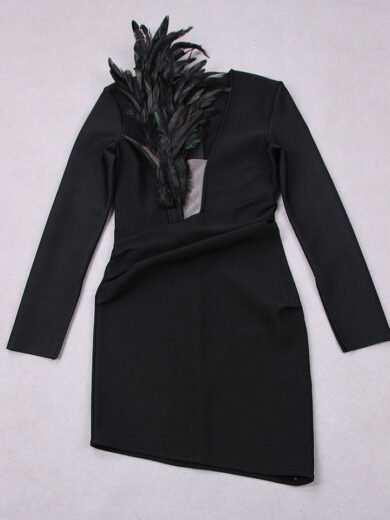 Black Mini Bandage Dress with Feathers
